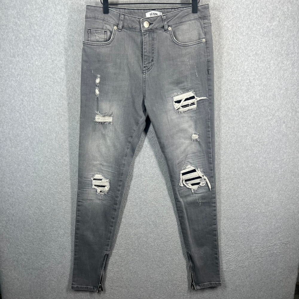 Icon‎ Amsterdam Mens 34 Distressed Skinny Jeans Grey Ankle Zip Streetwear Denim
